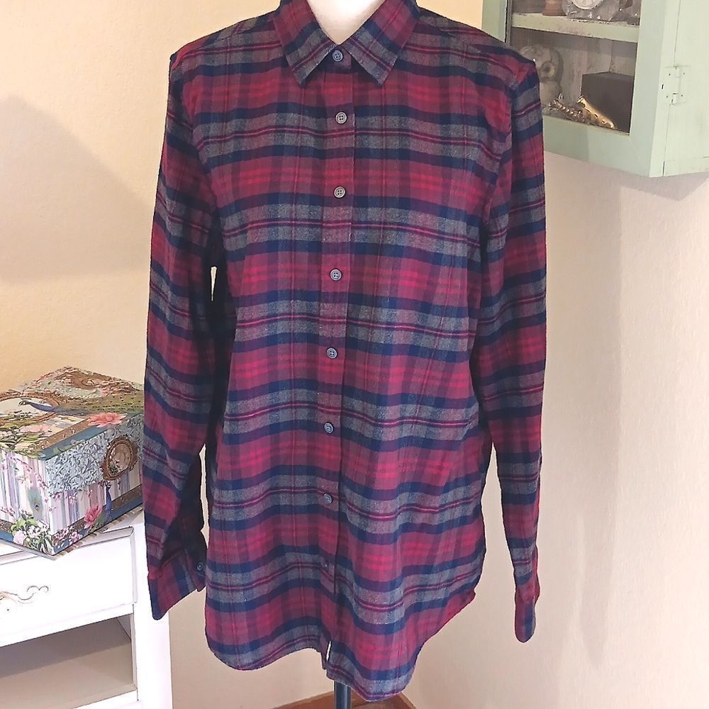 Lands' End Red and Blue Plaid Flannel Shirt